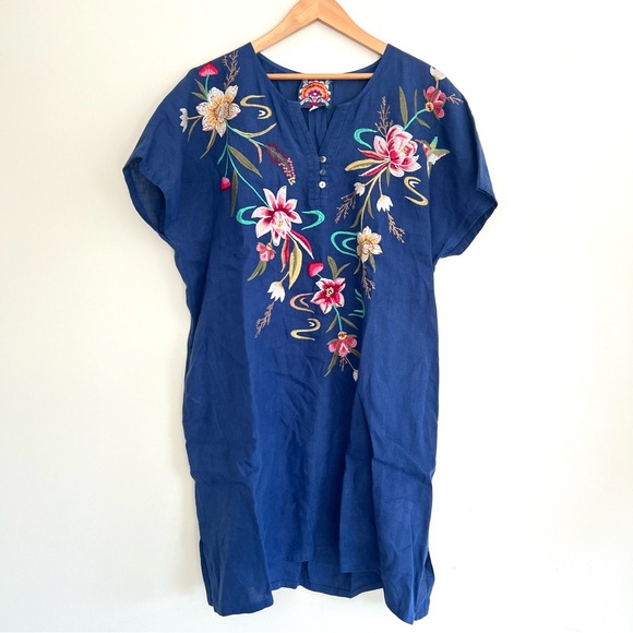 JOHNNY WAS Maisie Blue Linen w Multicolor Embroidery Easy Button Mini Dress XL - Picture 3 of 16